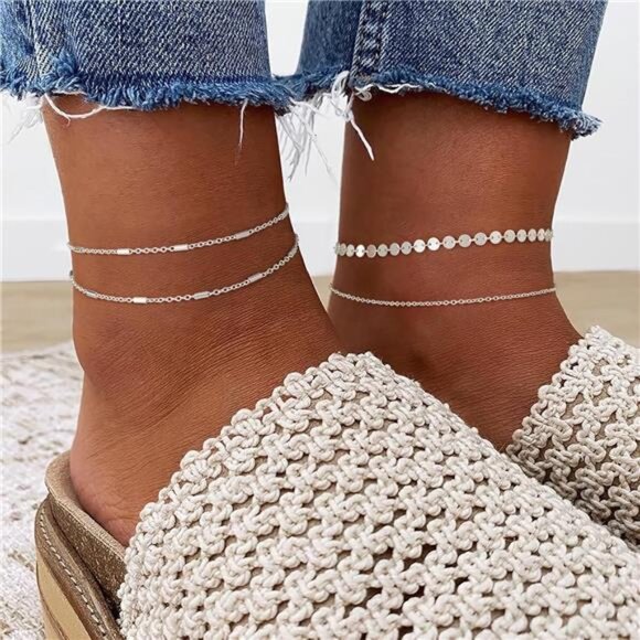 Gold Chain Anklet,14k Gold/Silver Plated Dainty Disc EvilEye Summer Beach Anklet - Picture 4 of 7